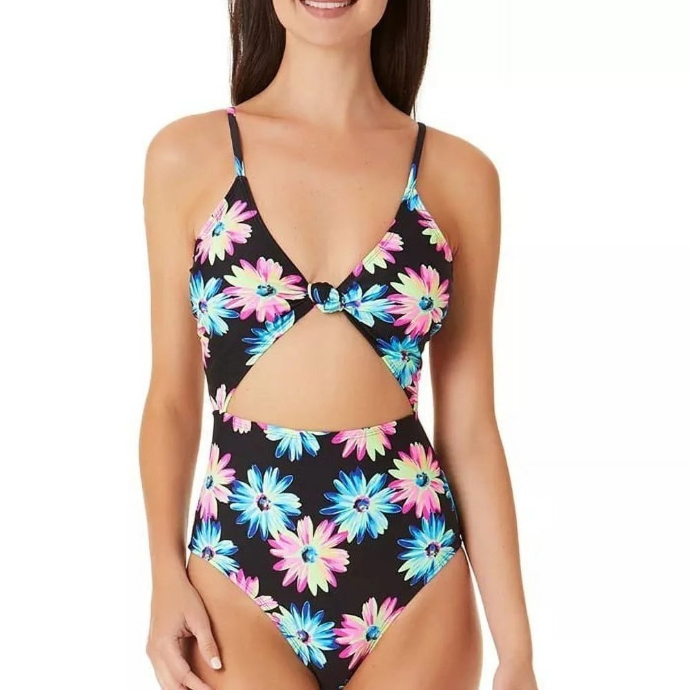 California Waves Gerbera Daisy Knotted Cutout One-Piece Swimsuit Black